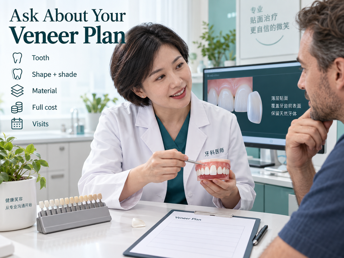 A Chinese dentist discusses veneer goals, shape, shade and the quotation. Educational illustration.