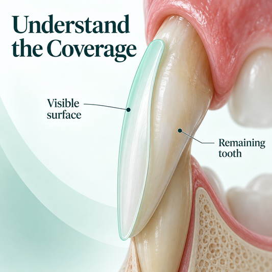 A veneer covers the visible tooth surface. Educational illustration.