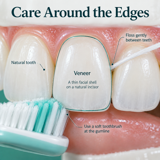 Cleaning focuses on the veneer edge and neighbouring teeth. Educational illustration.