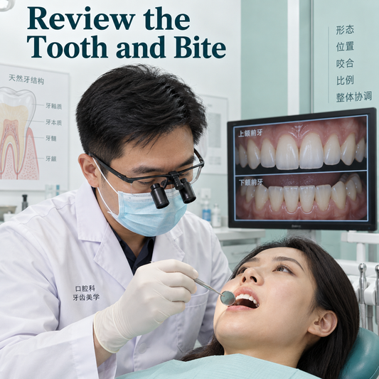 A Chinese dentist checks tooth structure and bite. Educational illustration.