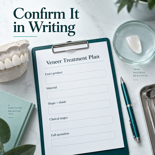 Written veneer plan records product, design and costs. Educational illustration.