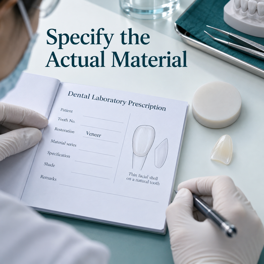 A laboratory prescription records the actual veneer material. Educational illustration.
