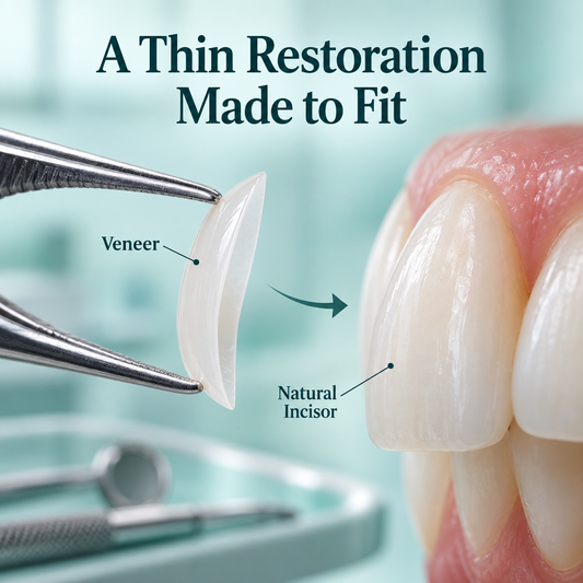 A thin custom veneer fits the front tooth surface. Educational illustration.