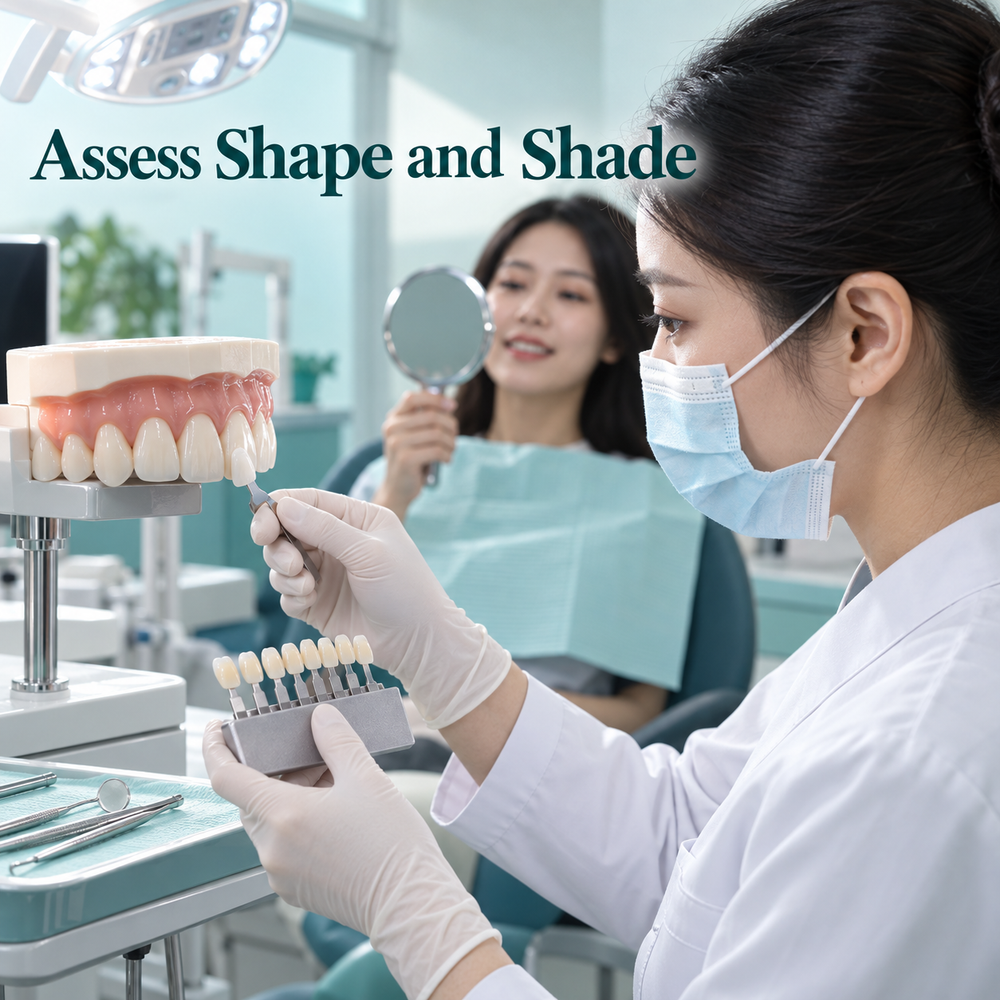 Assessment and design relate the desired shade and shape to the tooth. Educational illustration.