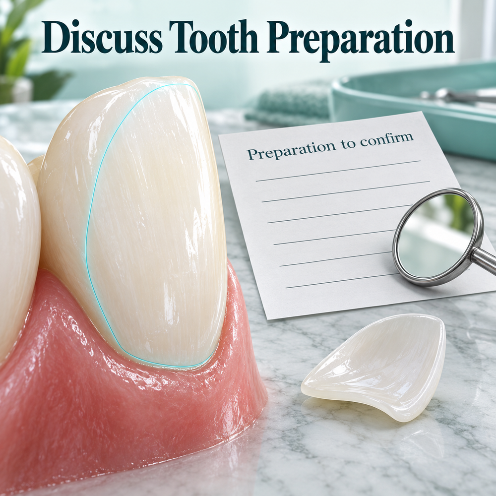 Tooth preparation is individual to the proposed veneer. Educational illustration.