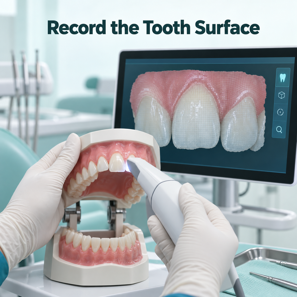 The front-tooth surface is recorded for the veneer. Educational illustration.