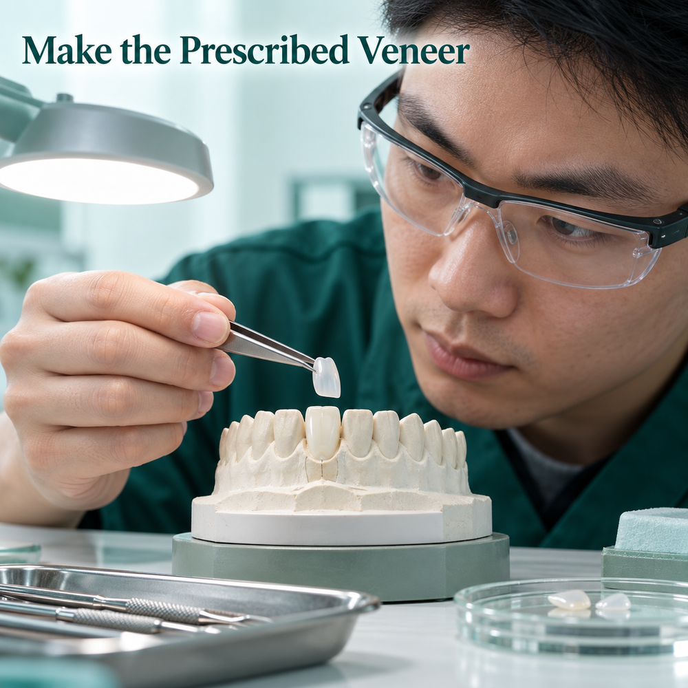 A veneer is fabricated according to the prescription. Educational illustration.