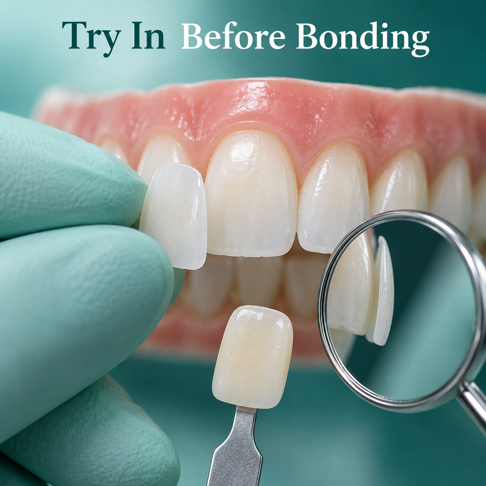 Veneer fit and appearance are checked before bonding. Educational illustration.