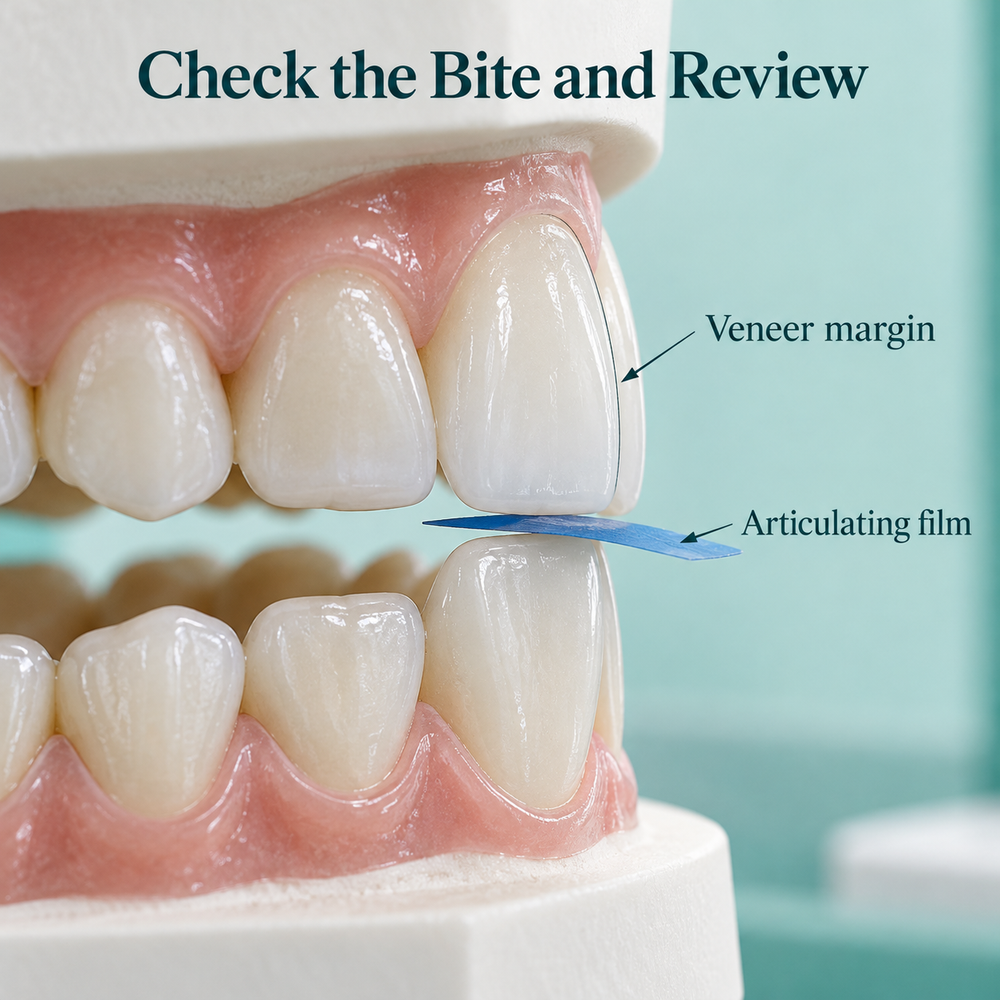 The bite is checked after veneer fitting. Educational illustration.