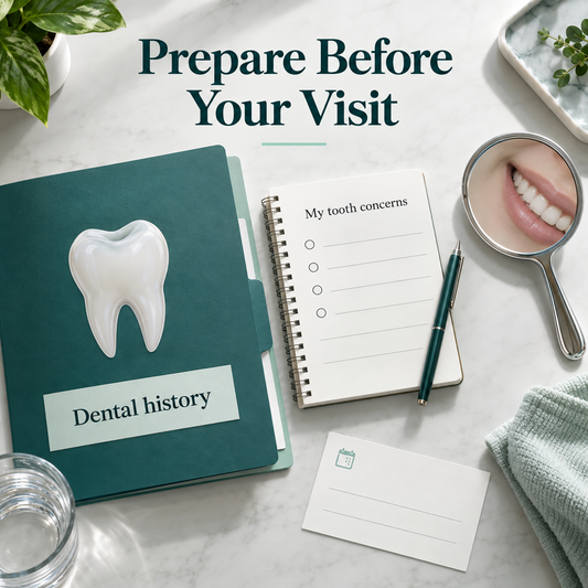 The patient prepares tooth history and appearance questions. Educational illustration.