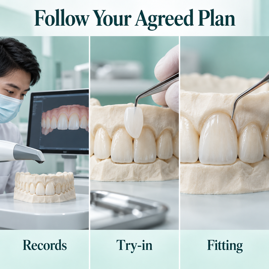Records, try-in and bonding follow the agreed plan. Educational illustration.