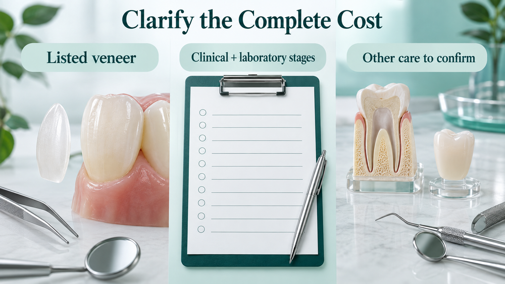 The quotation separates the listed veneer, treatment stages and other care. Educational illustration.