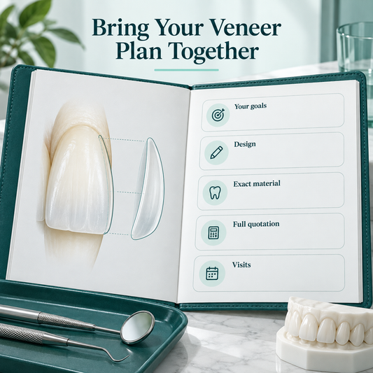 A complete veneer plan joins goals, design, material, costs and visits. Educational illustration.