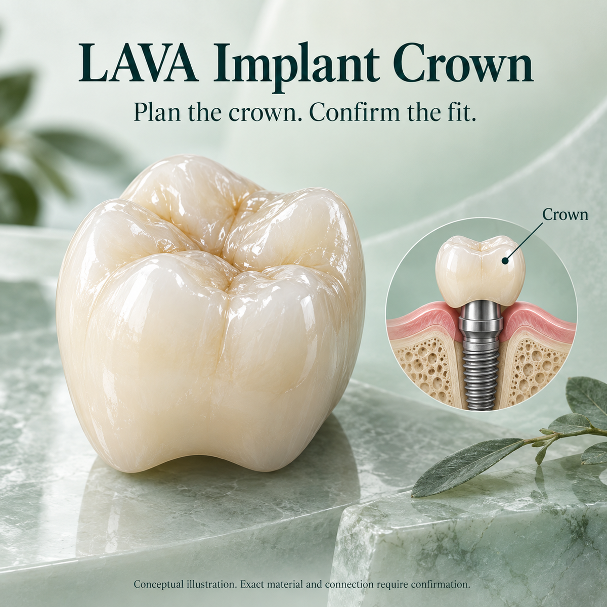 Conceptual LAVA implant crown illustration focusing on the ceramic crown; exact material and connection require confirmation.