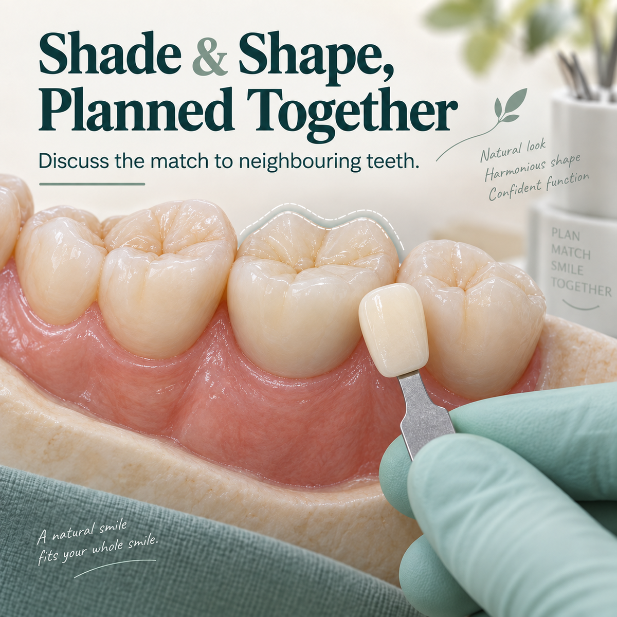 Conceptual shade matching for an implant crown, showing a ceramic shade tab beside the restoration and neighbouring teeth.