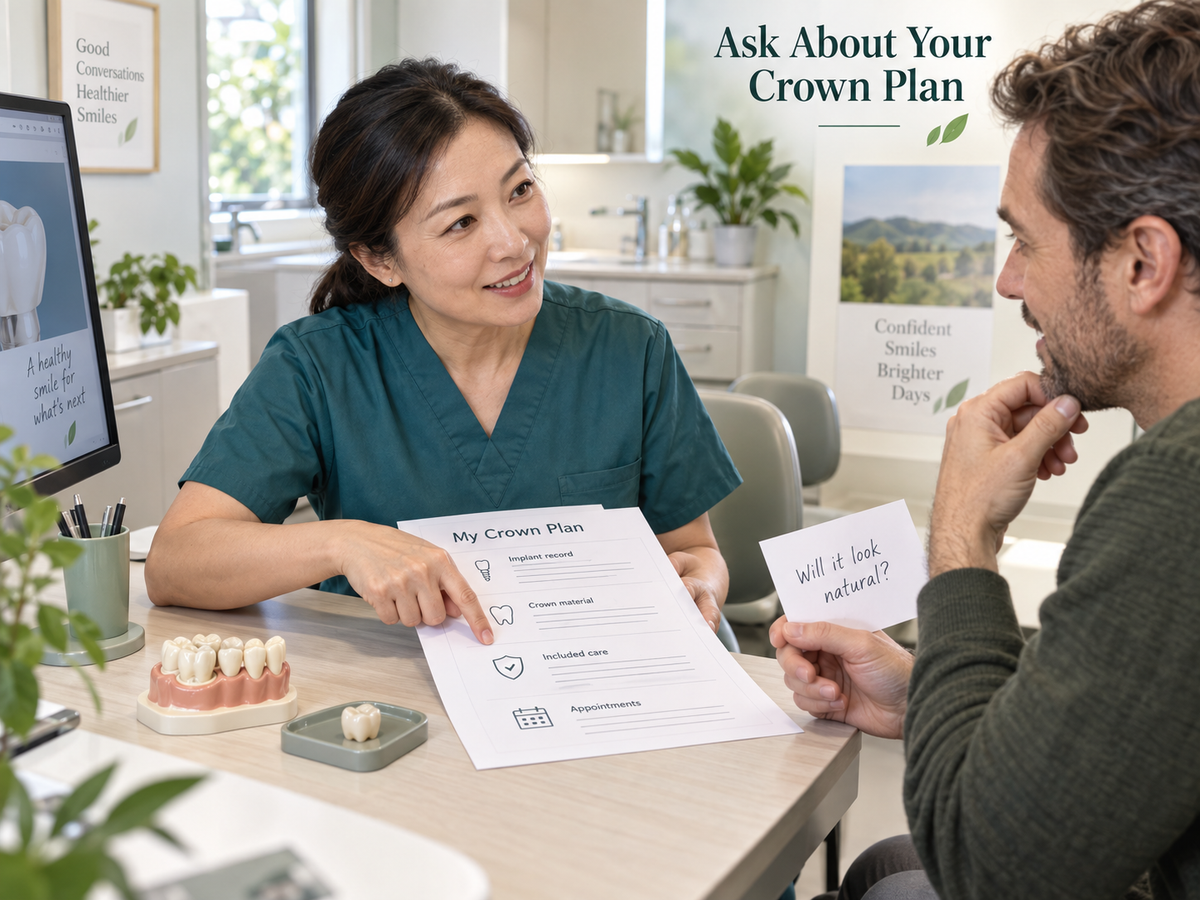 Illustrative Chinese dentist and international patient reviewing crown material, implant records, service scope and appointments.