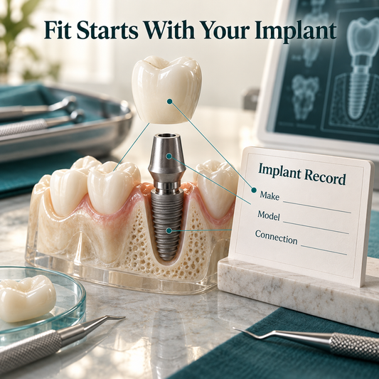 Fit Starts With Your Implant — illustrative crown-restoration planning scene.