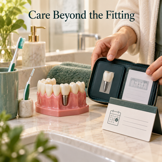 Care Beyond the Fitting — illustrative crown-restoration planning scene.