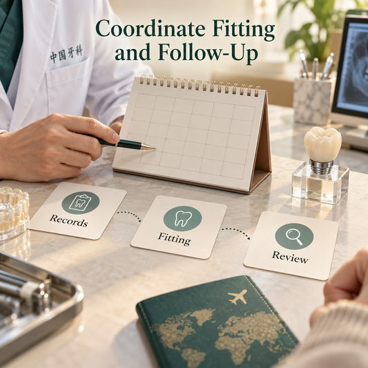 Coordinate Fitting and Follow-Up — educational illustration of implant crown planning.