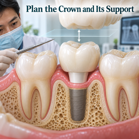 Plan the Crown and Its Support — educational illustration of implant crown planning.