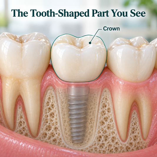 The Tooth-Shaped Part You See — educational illustration of implant crown planning.