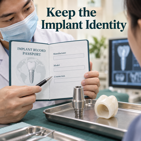 Keep the Implant Identity — educational illustration of implant crown restoration.