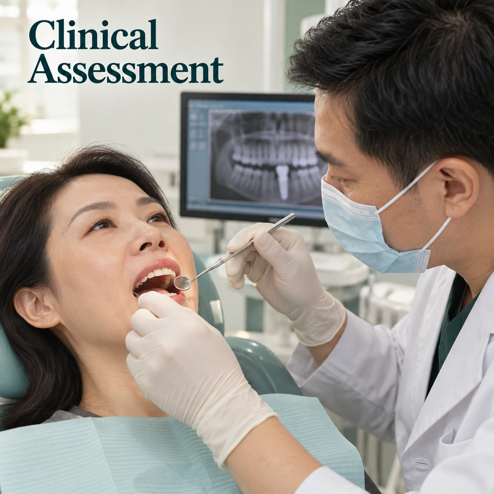 Clinical assessment for an implant crown restoration, shown as an educational illustration.