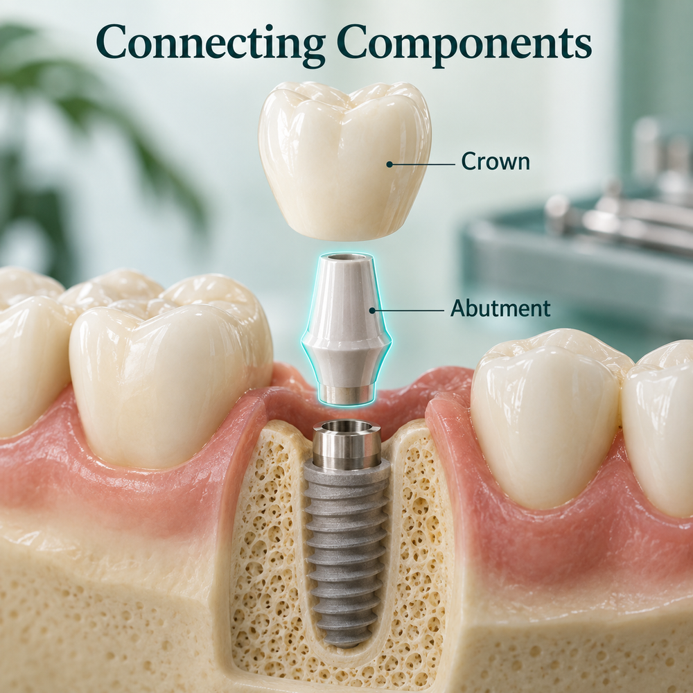 Connecting components for an implant crown restoration, shown as an educational illustration.