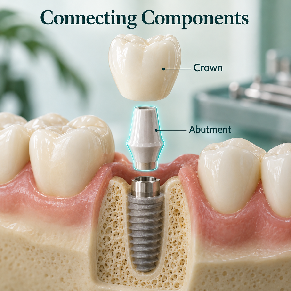 Connecting Components — educational illustration of implant crown restoration.
