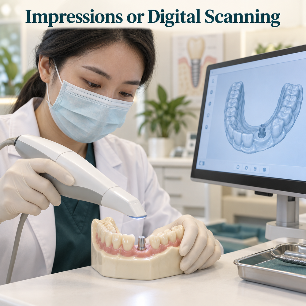 Impressions or digital scanning for an implant crown restoration, shown as an educational illustration.
