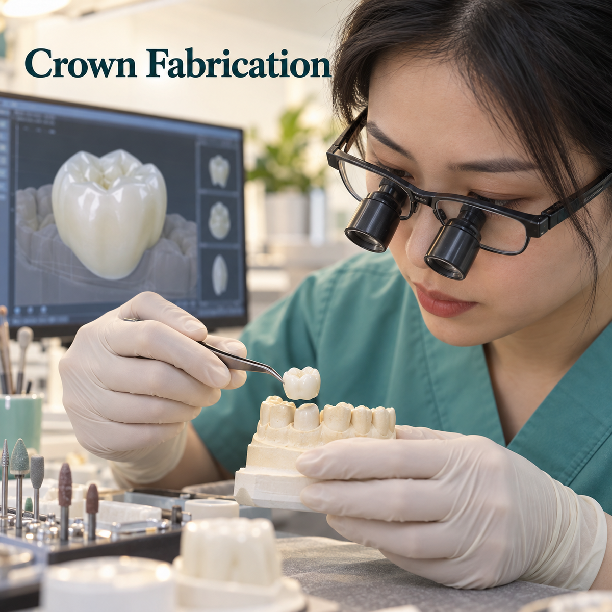 Crown Fabrication — educational illustration of implant crown restoration.