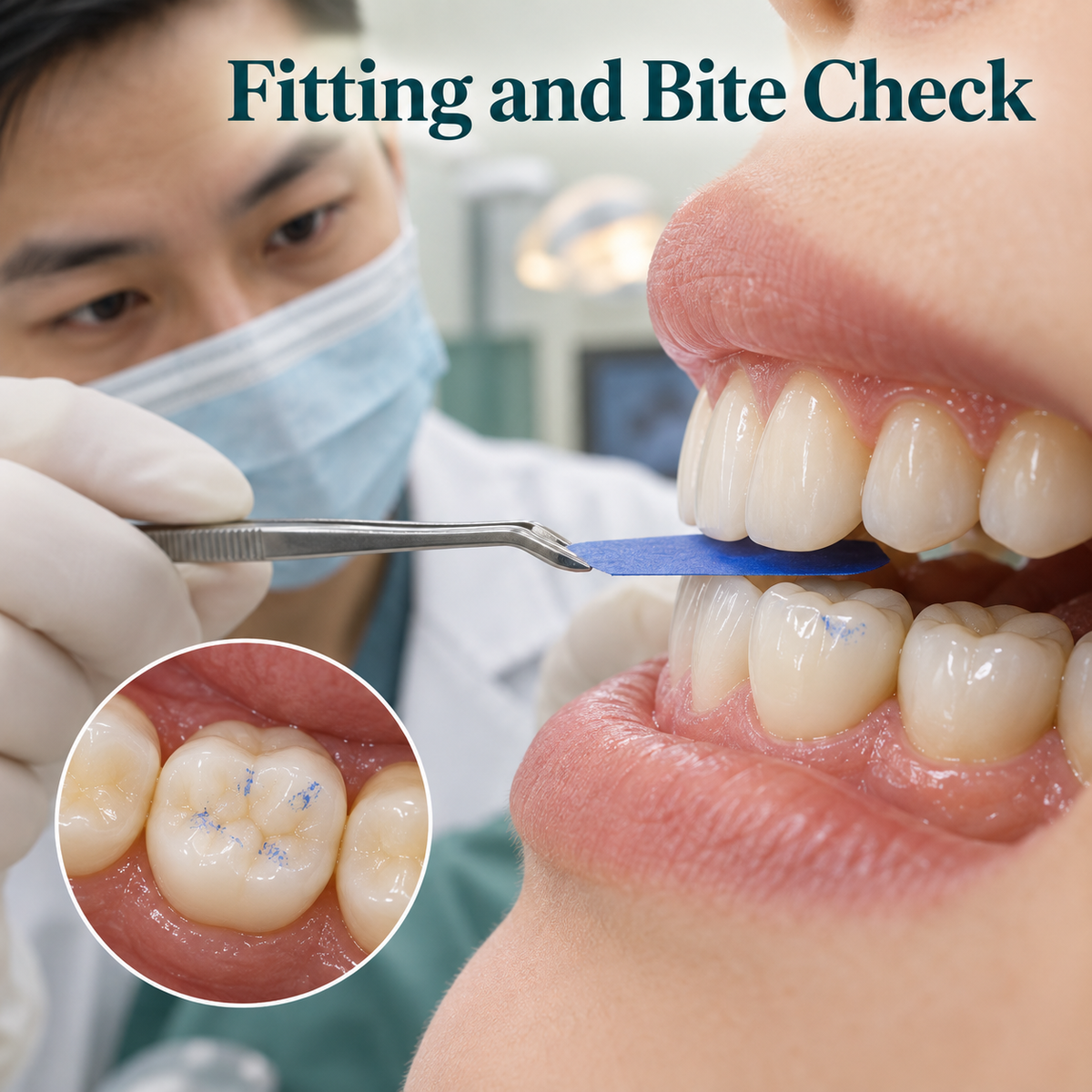 Fitting and Bite Check — illustrative crown restoration and continuing care.
