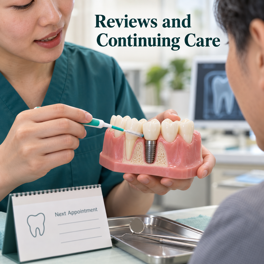 Reviews and continuing care for an implant crown restoration, shown as an educational illustration.