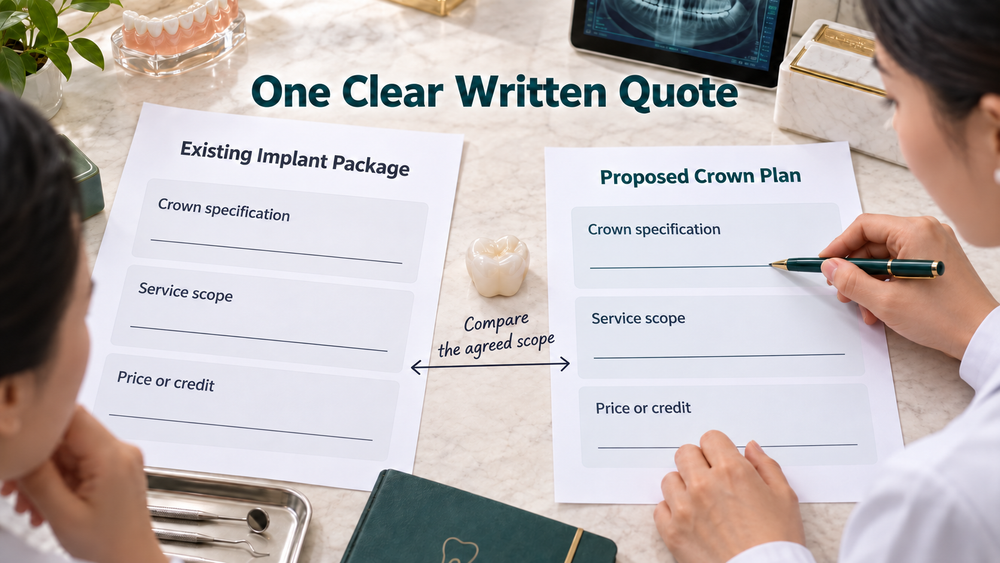 Comparing an existing implant package with a proposed crown quotation.