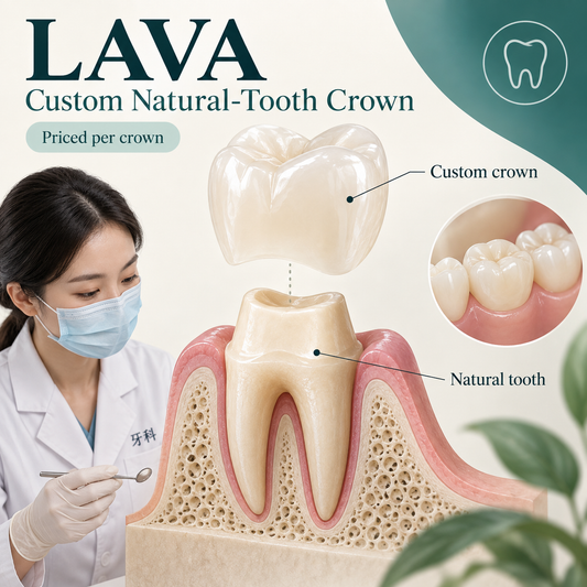 A custom crown positioned over a prepared natural tooth. Educational illustration.