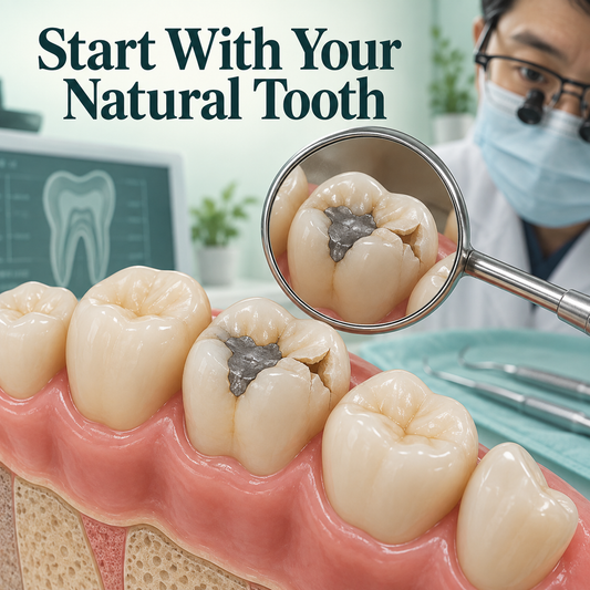 Assessment begins with the damaged natural tooth. Educational illustration.