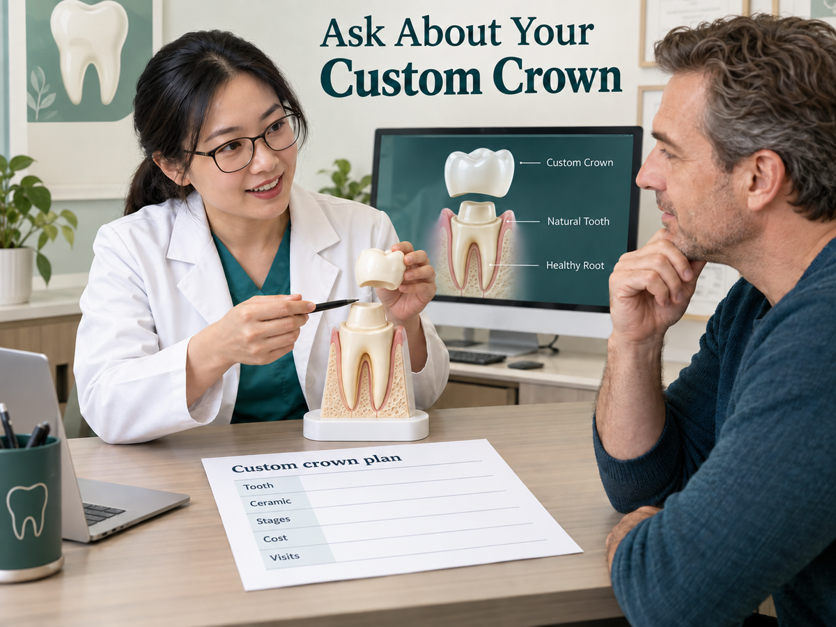 A Chinese dentist discusses a custom crown plan and quotation. Educational illustration.