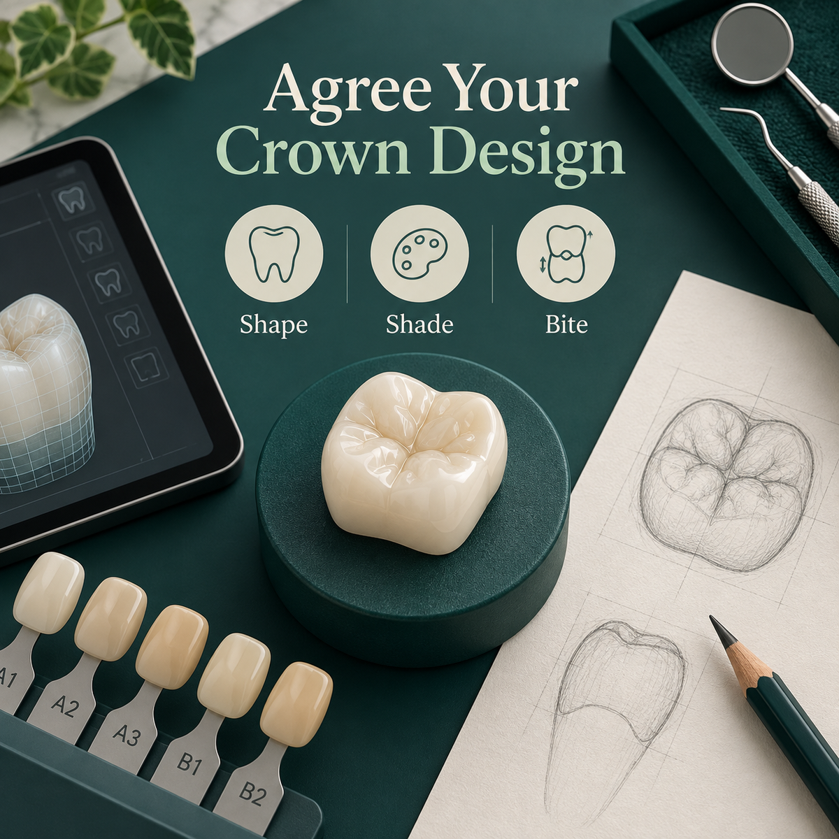 Shape, shade and bite are planned for the individual crown. Educational illustration.