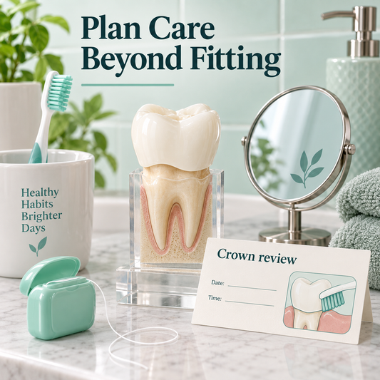 Cleaning and review are part of continuing crown care. Educational illustration.