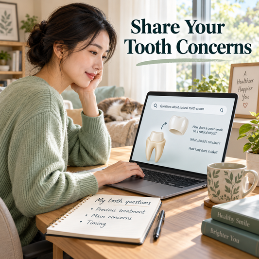 A patient prepares questions about the tooth and previous treatment. Educational illustration.