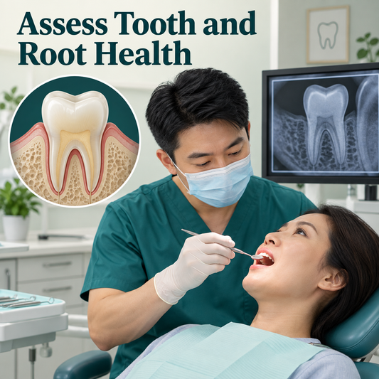 A Chinese dentist assesses the tooth, gums and bite. Educational illustration.