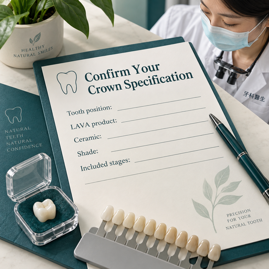 The written crown prescription records ceramic, design and scope. Educational illustration.