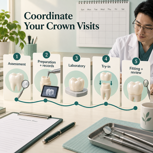 Appointments coordinate assessment, records, laboratory work and fitting. Educational illustration.