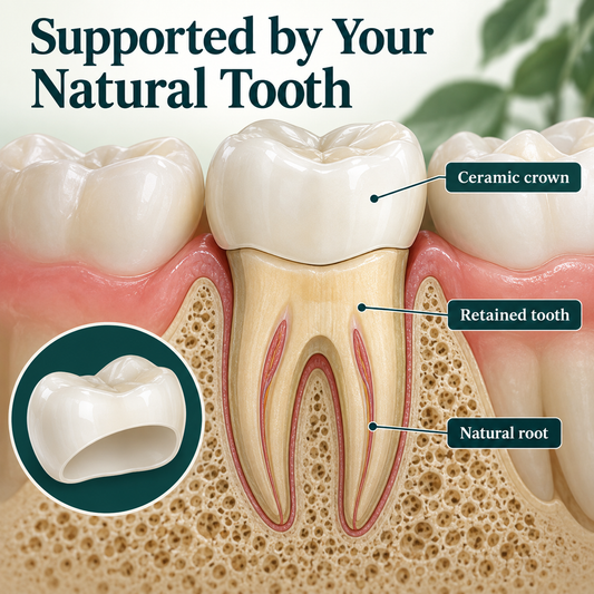 The crown is supported by a retained natural tooth. Educational illustration.