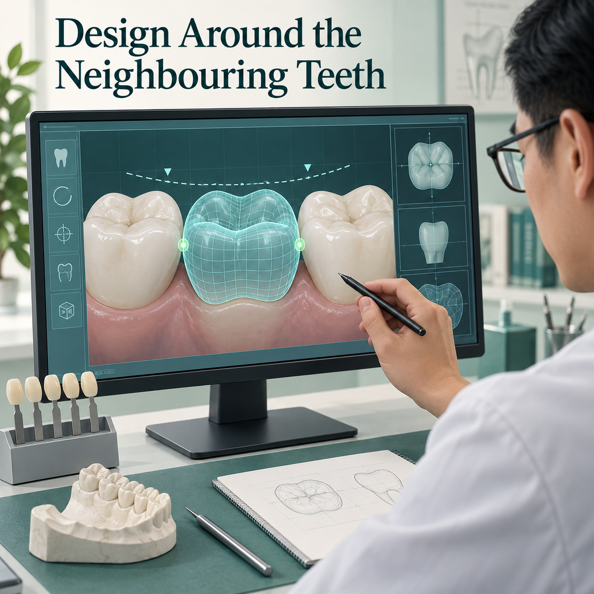 Contour and contacts are designed to fit neighbouring teeth. Educational illustration.