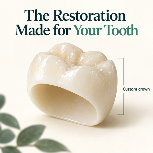 The custom ceramic crown covers the prepared tooth. Educational illustration.