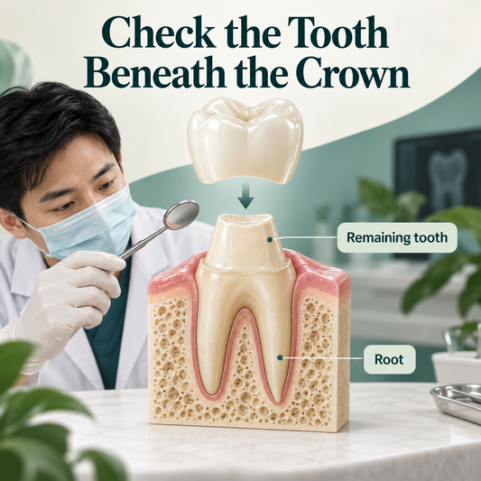 The remaining natural tooth and root form the foundation. Educational illustration.