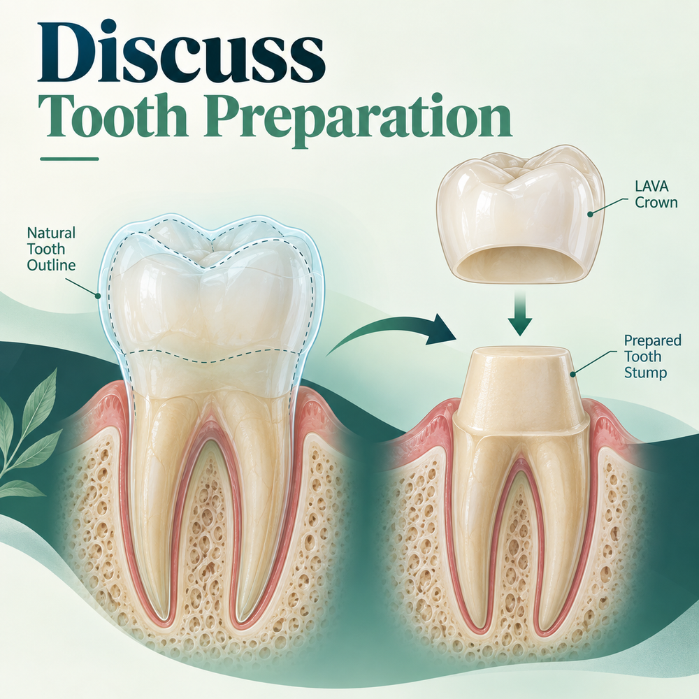 The preparation design preserves an assessed natural-tooth foundation. Educational illustration.