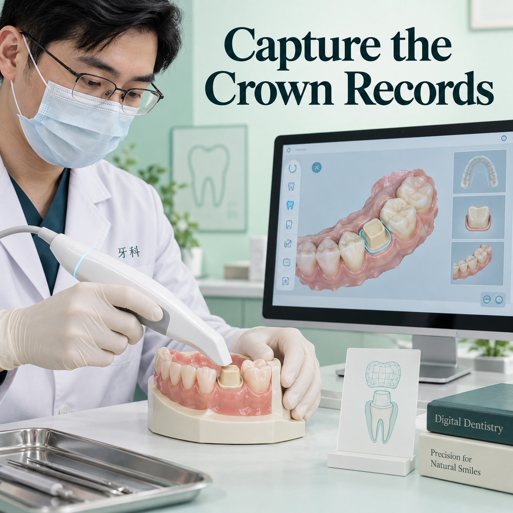 An intraoral scan records the prepared tooth for fabrication. Educational illustration.