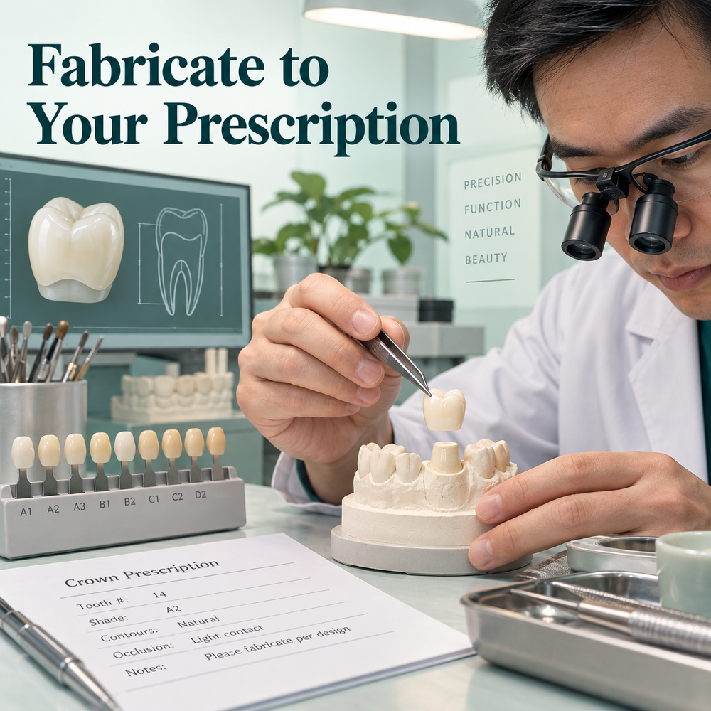 A Chinese dental technician checks the custom crown against its prescription. Educational illustration.